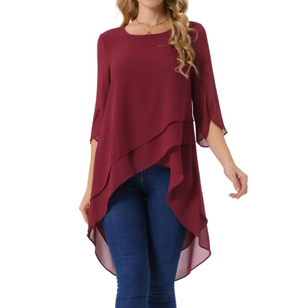 Scoop Neck Chiffon Blouse Asymmetrical Shirt 3/4 Sleeve Casual Tops Wine Red
